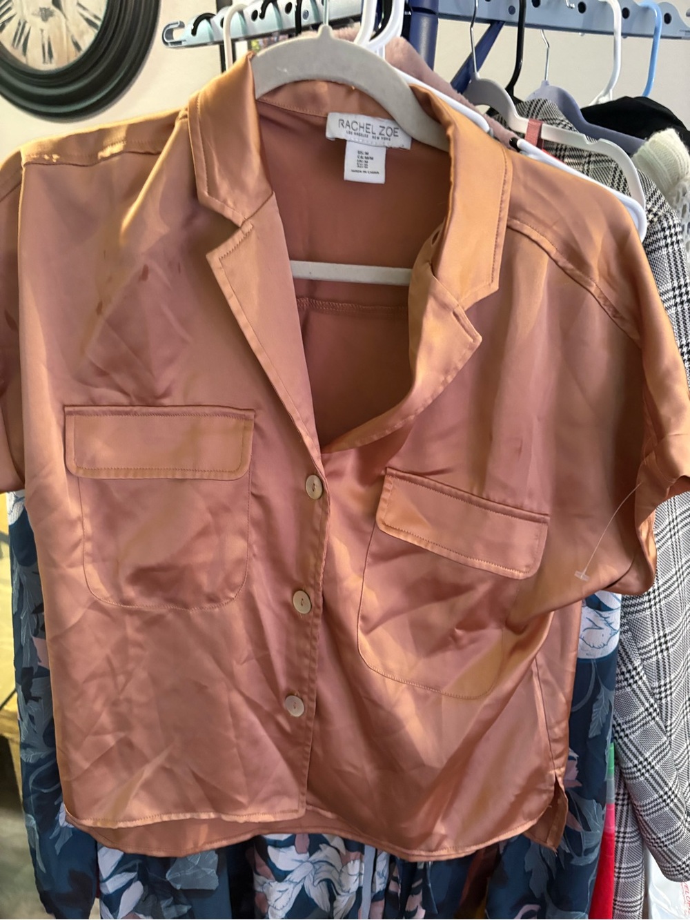 Rachel Zoe Copper Satin Short-Sleeve Button Down Shirt